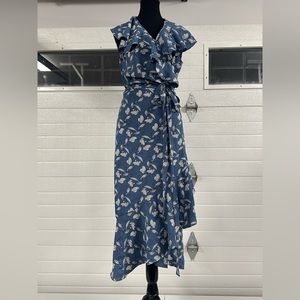 Blue and White Floral Pattern Wrap Dress, Wedding Guest, Special Occasion, Midi